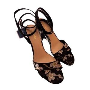 Nine West Floral Textile Black Ankle Wraparound Straps Wedges Women’s Size 8.5